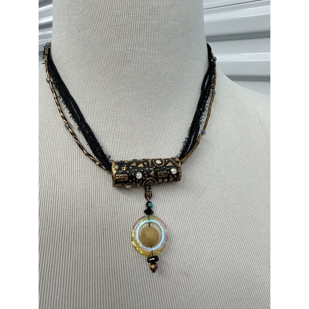 Artisan Black and Gold Beaded Necklace with Pendant